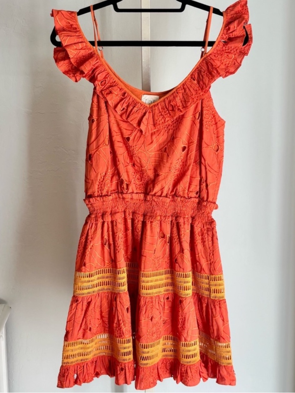 TRYB Orange Cotton Embroidered Ruffle Front Flare Mini Dress, M NWT
